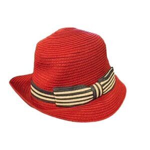 Vintage‎ Red Bucket Hat Striped Bow Sunhat Preppy Nautical Coastal Casual EUC